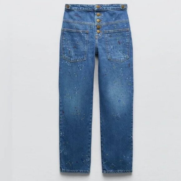 Zara High Rise Cropped Painter Denim Jeans - Picture 6 of 8